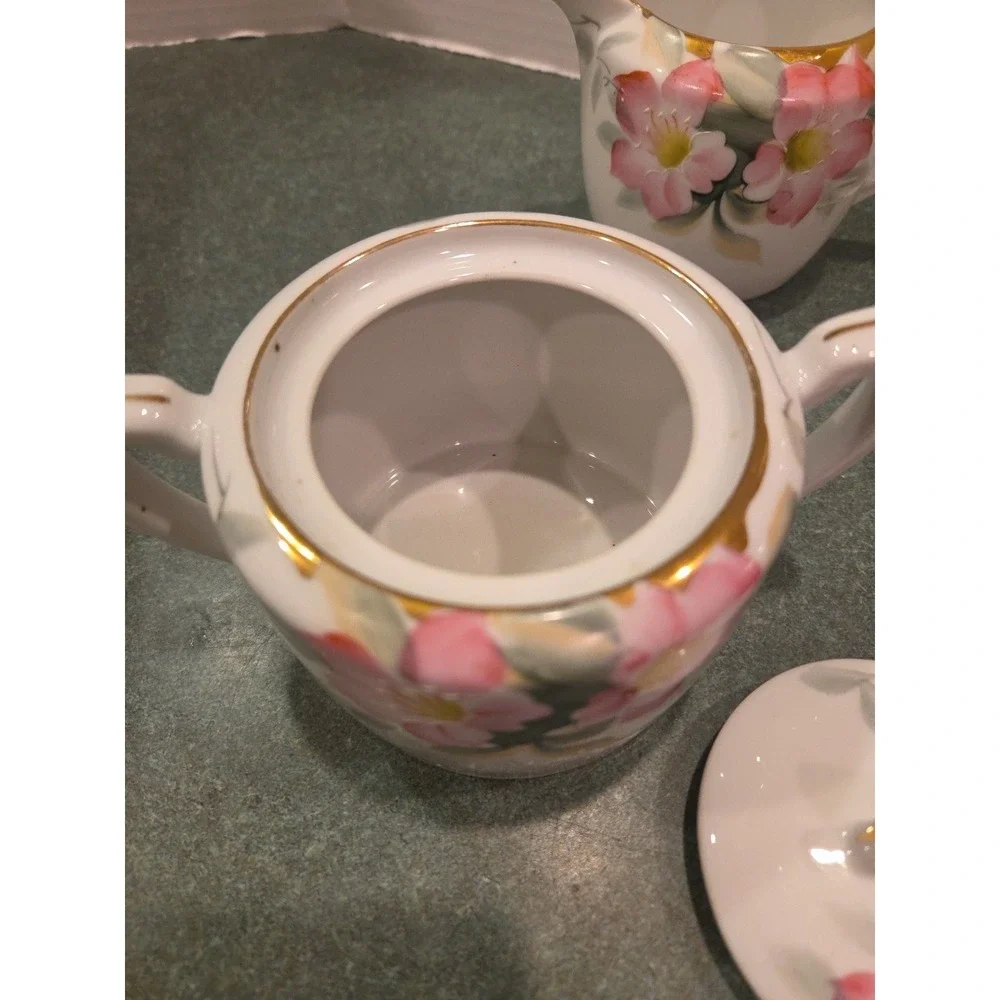 Vintage Noritake AZALEA Sugar Bowl w/ Lid & Creamer Hand Painted Pink Flowers